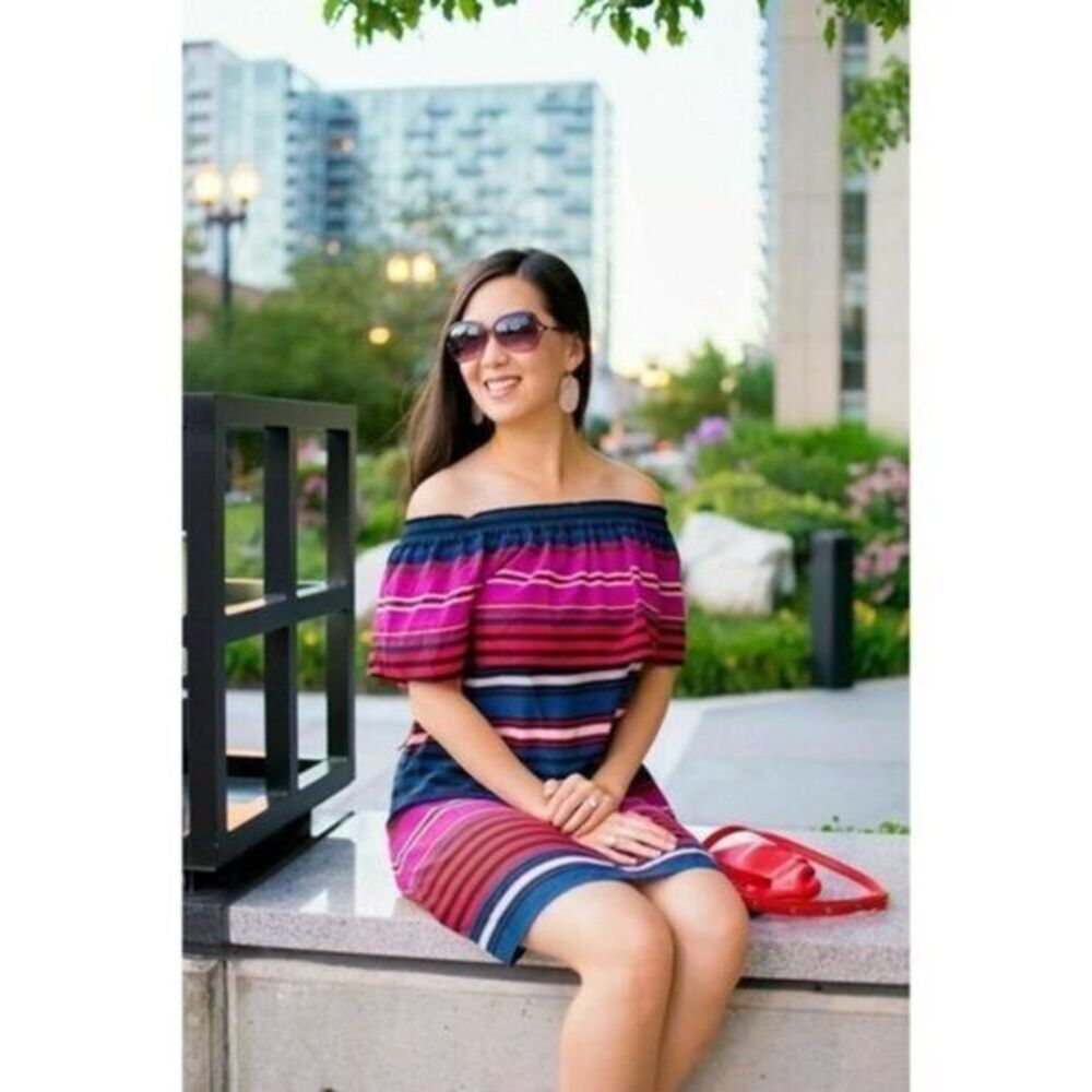 NWT Joie Arla Striped Silk Off-the-Shoulder Mini Dress Blue/Red size medium $378
